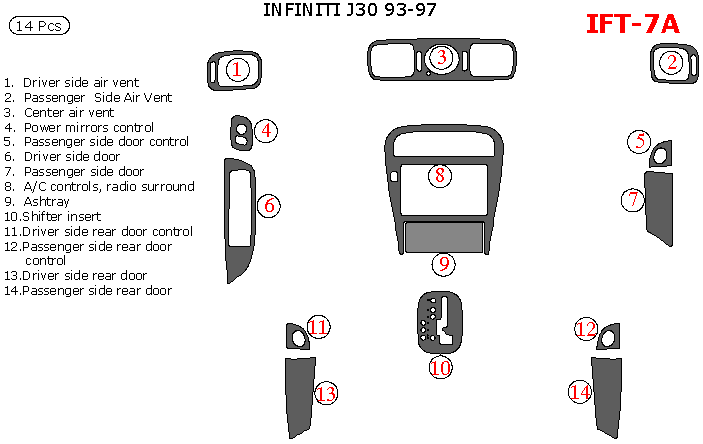 Infiniti J30 1993, 1994, 1995, 1996, 1997, Full Interior Kit, 14 Pcs. dash trim kits options
