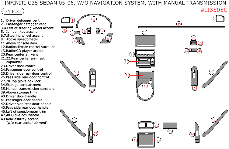 Infiniti G35 2005-2006, Interior Dash Kit, Sedan, W/o Navigation System, With Manual Transmission, 31 Pcs. dash trim kits options