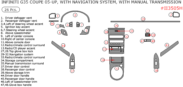 Infiniti G35 2005, 2006, 2007, Interior Dash Kit, Coupe, With Navigation System, With Manual Transmission, 26 Pcs. dash trim kits options