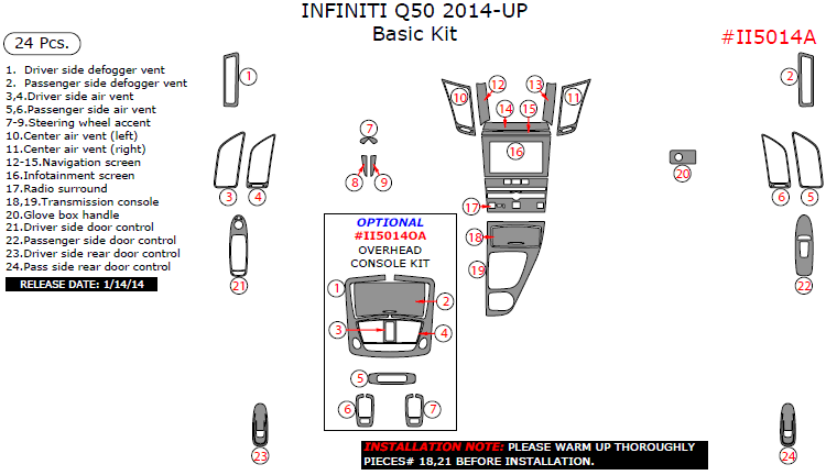 Infiniti Q50 2014, 2015, 2016, 2017, Basic Interior Kit, 24 Pcs. dash trim kits options