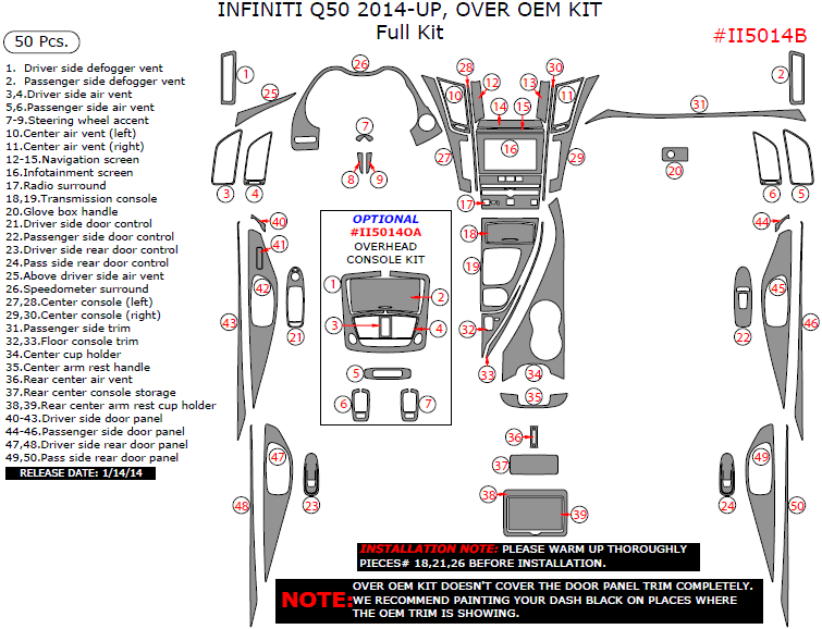 Infiniti Q50 2014, 2015, 2016, 2017, Over OEM Kit, Full Interior Kit, 50 Pcs. dash trim kits options