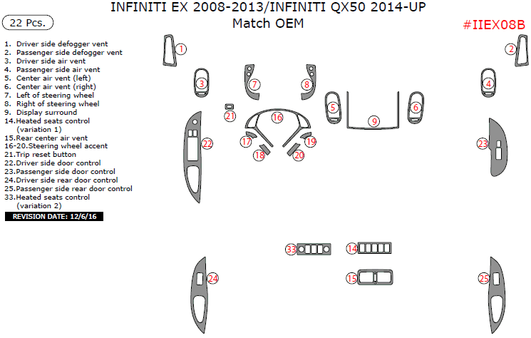 Infinii EX 2008, 2009, 2010, 2011, 2012, 2013/Infiniti QX50 2014, 2015, 2016, Match OEM Interior Kit, 22 Pcs. dash trim kits options
