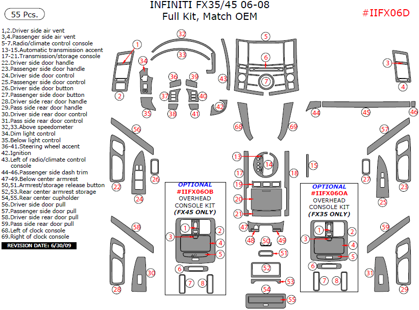 Infiniti FX 2006, 2007, 2008, Full Interior Kit, 55 Pcs., Match OEM dash trim kits options