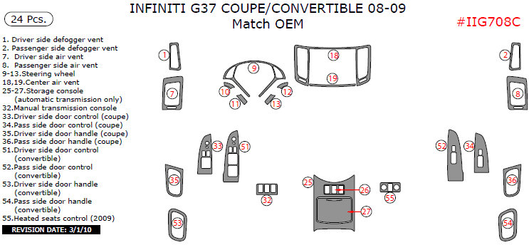 Infiniti G37 2008-2009, Coupe/Convertible, Match OEM Interior Kit, 24 Pcs. dash trim kits options