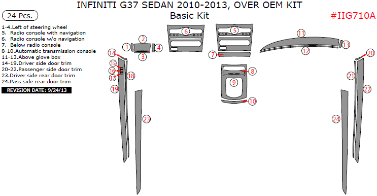 Infiniti G37 Sedan 2010, 2011, 2012, 2013, Over OEM Kit, Basic Interior Kit, 24 Pcs. dash trim kits options