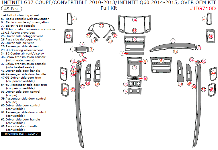 Infiniti G37 Coupe/Convertible 2010, 2011, 2012, 2013/Infiniti Q60 2014-2015, Over OEM Kit, Full Interior Kit, 45 Pcs. dash trim kits options