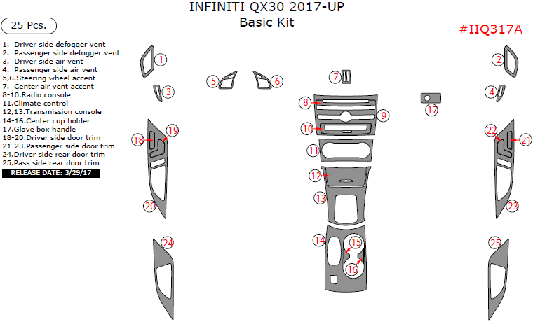 Infiniti QX30 2017-2018, Basic Interior Kit, 25 Pcs. dash trim kits options