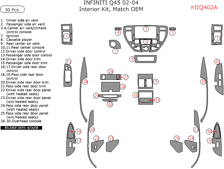 Infiniti Q45 2002, 2003, 2004, Interior Kit, 30 Pcs., Match OEM dash trim kits options