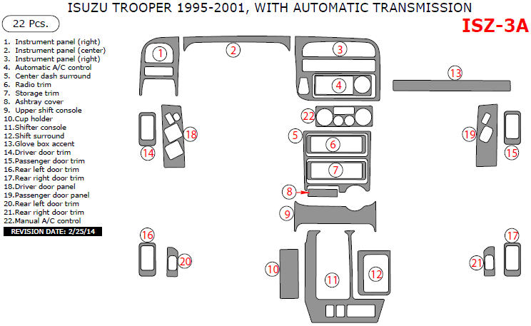 Isuzu Trooper 1995, 1996, 1997, 1998, 1999, 2000, 2001, Interior Dash Kit, With Automatic Transmission, 22 Pcs. dash trim kits options