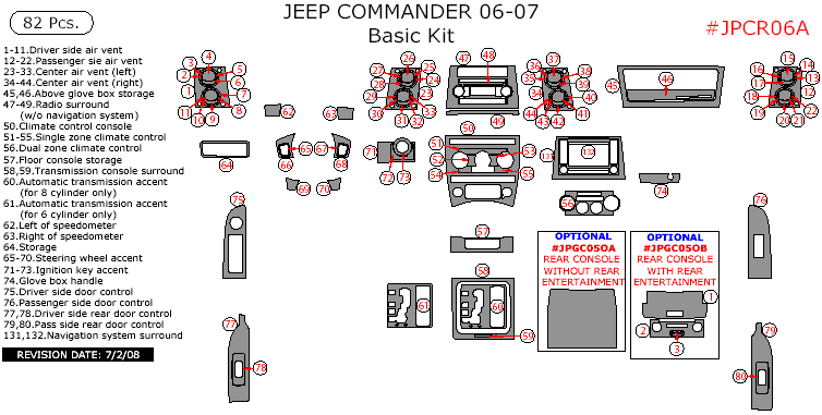 Jeep Commander 2006-2007, Non Match OEM, Basic Interior Kit, 82 Pcs. dash trim kits options