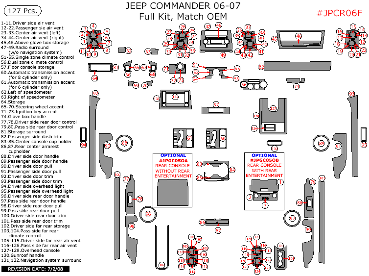 Jeep Commander 2006-2007, Match OEM, Full Interior Kit, 127 Pcs., Match OEM dash trim kits options