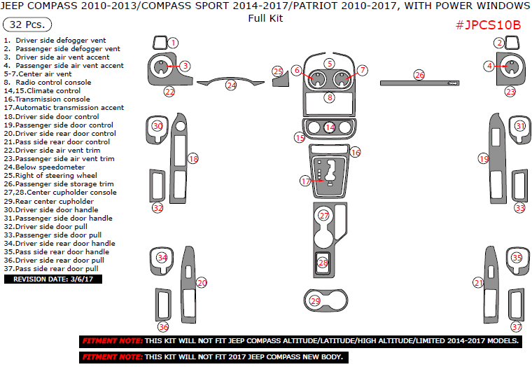 Jeep Compass 2010, 2011, 2012, 2013/Compass Sport 2014, 2015, 2016, 2017/Patriot 2010-2017, With Power Windows, Full Interior Kit, 32 Pcs. dash trim kits options