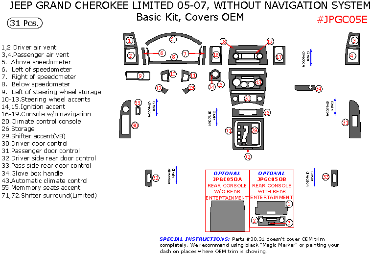 Jeep Grand Cherokee 2005, 2006, 2007, Limited Without Navigation System, Basic Interior Kit, Covers OEM, 31 Pcs. dash trim kits options