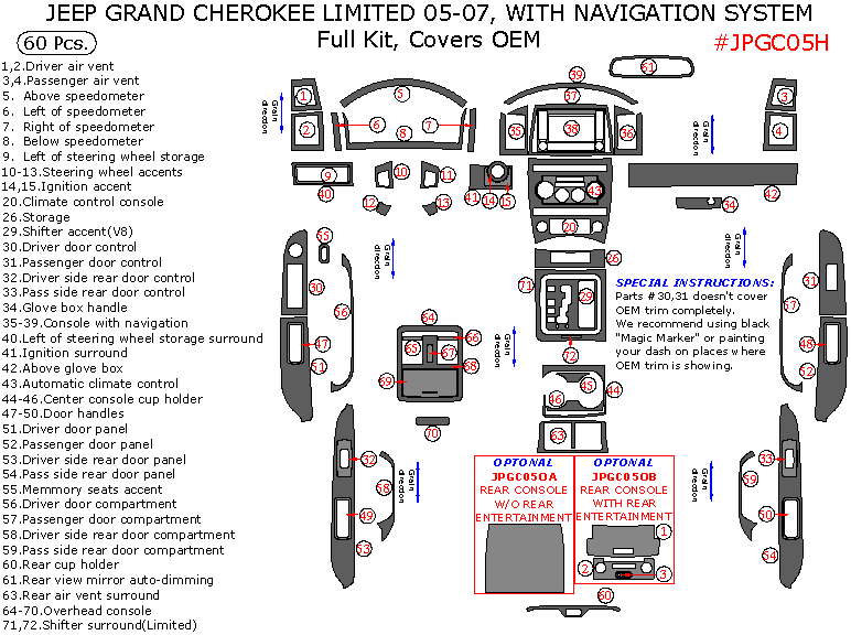 Jeep Grand Cherokee 2005, 2006, 2007, Limited With Navigation System, Full Interior Kit, Covers OEM, 60 Pcs. dash trim kits options