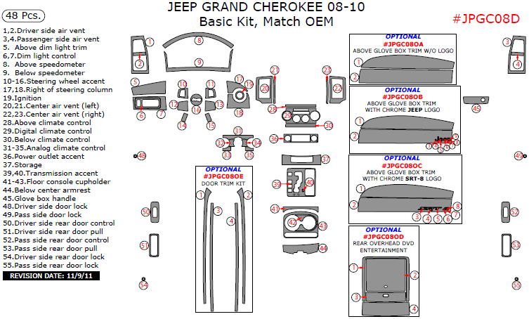Jeep Grand Cherokee 2008, 2009, 2010, Basic Interior Kit, 48 Pcs., Match OEM dash trim kits options
