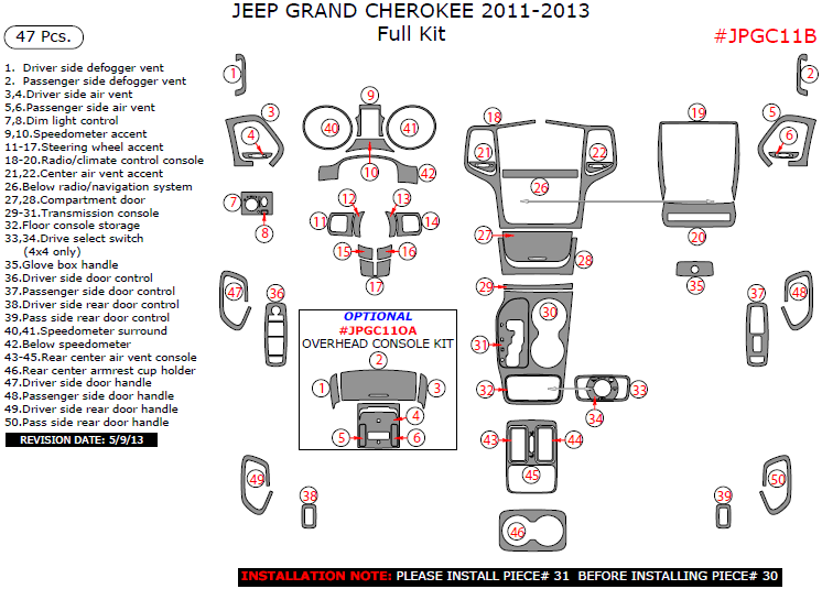 Jeep Grand Cherokee 2011, 2012, 2013, Full Interior Kit, 47 Pcs. dash trim kits options
