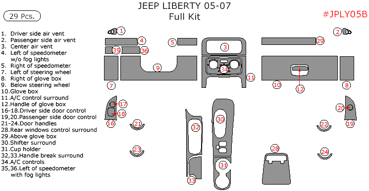 Jeep Liberty 2005, 2006, 2007, Full Interior Kit, 29 Pcs. dash trim kits options