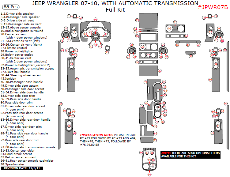 Jeep Wrangler 2007, 2008, 2009, 2010, With Automatic Transmission, Full Interior Kit, 88 Pcs. dash trim kits options