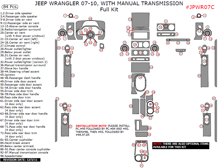 Jeep Wrangler 2007, 2008, 2009, 2010, With Manual Transmission, Full Interior Kit, 84 Pcs. dash trim kits options