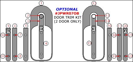 Jeep Wrangler 2007, 2008, 2009, 2010, Optional Door Interior Trim Kit (2 Door Only), 22 Pcs. dash trim kits options