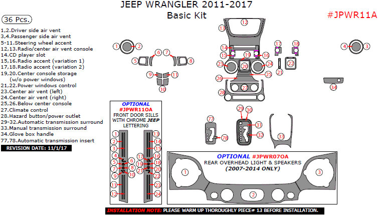 Jeep Wrangler 2011, 2012, 2013, 2014, 2015, 2016, 2017, Basic Interior Kit, 36 Pcs. dash trim kits options