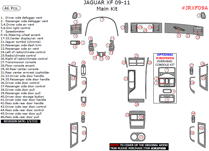 Jaguar XF 2009, 2010, 2011, Main Interior Kit, 46 Pcs. dash trim kits options