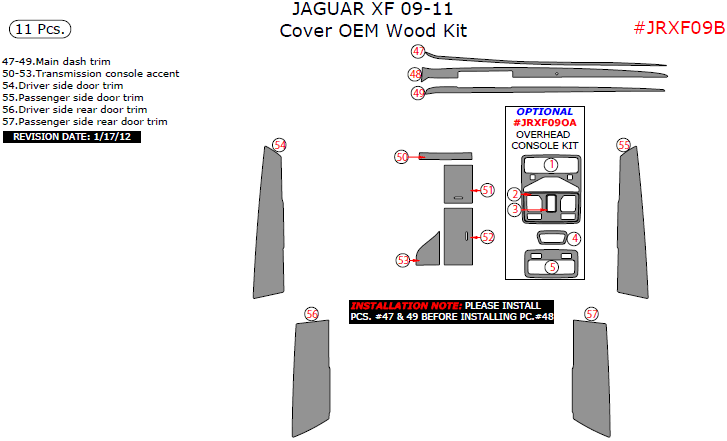 Jaguar XF 2009, 2010, 2011, Cover OEM Wood Interior Kit, 11 Pcs. dash trim kits options