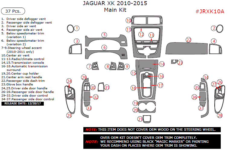 Jaguar XK 2010-2015, Main Kit, 37 Pcs. dash trim kits options