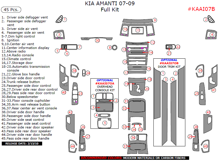 Kia Amanti 2007, 2008, 2009, Full Interior Kit, 45 Pcs. dash trim kits options