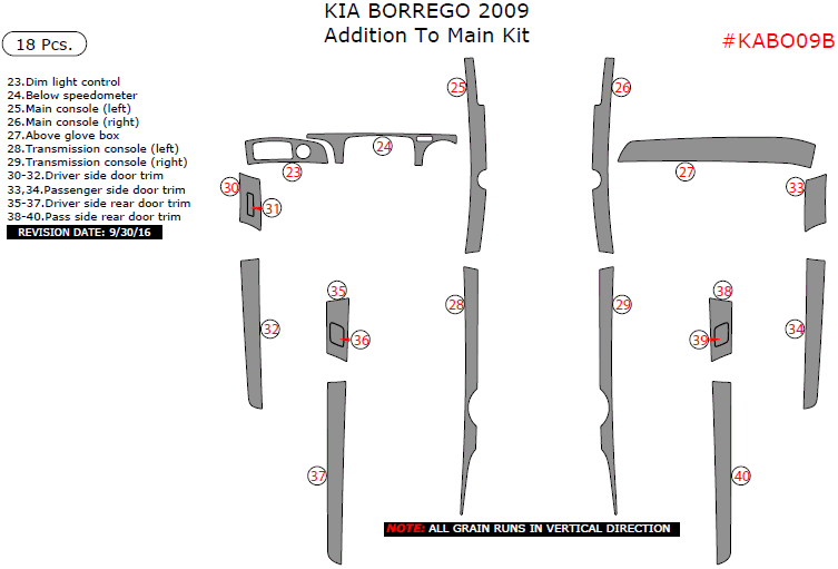 Kia Borrego 2009, Addition To Main Interior Kit, 18 Pcs. dash trim kits options
