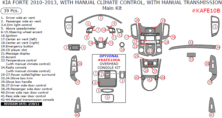 Kia Forte 2010, 2011, 2012, 2013, Interior Dash Kit, With Manual Climate Control, With Manual Transmission, 39 Pcs. dash trim kits options