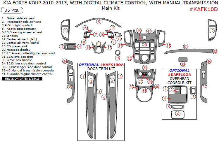 Kia Forte Koup 2010, 2011, 2012, 2013, Interior Dash Kit, With Digital Climate Control, Interior Dash Kit, With Manual Transmission, 35 Pcs. dash trim kits options