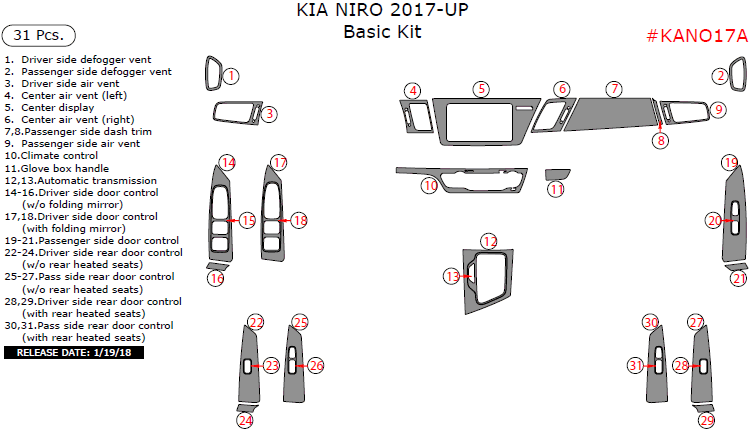 Kia Niro 2017-up, Basic Kit, 31 Pcs. dash trim kits options