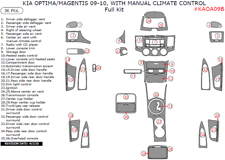 Kia Magentis/Optima 2009-2010, With Manual Climate Control, Full Interior Kit, 36 Pcs. dash trim kits options