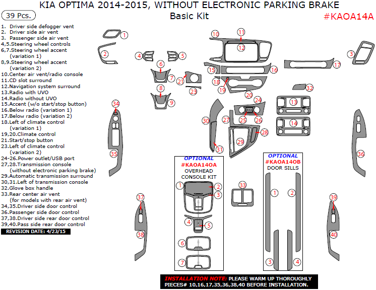 Kia Optima 2014-2015, Without Electronic Parking Brake, Basic Interior Kit, 39 Pcs. dash trim kits options