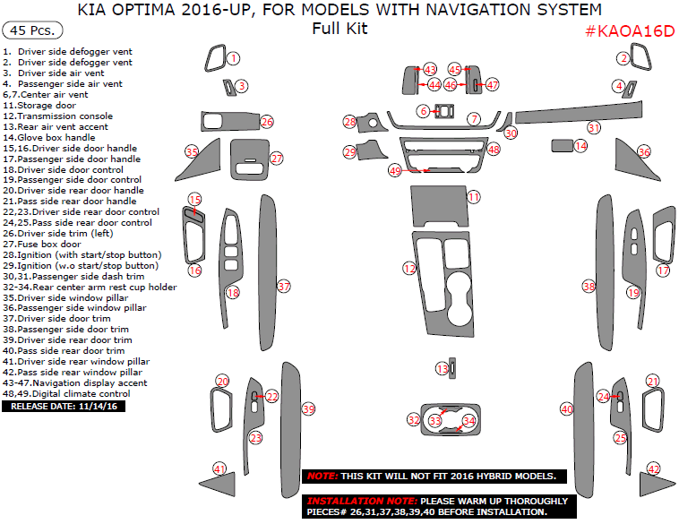 Kia Optima 2016, 2017, 2018, For Models With Navigation System, Full Interior Kit, 45 Pcs. dash trim kits options