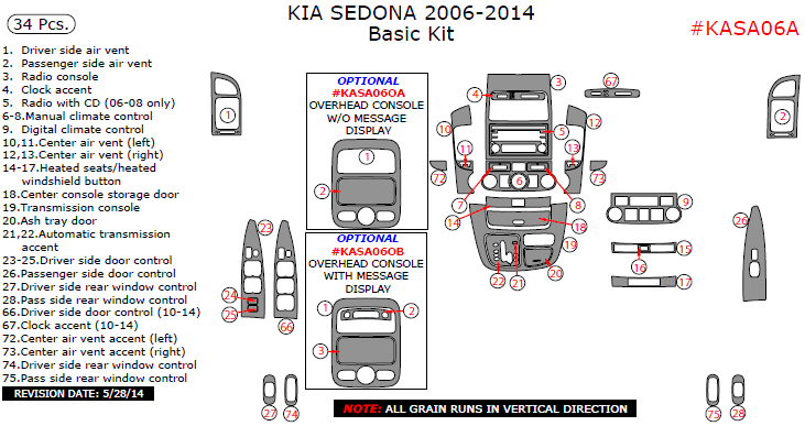 Kia Sedona 2006, 2007, 2008, 2009, 2010, 2011, 2012, 2013, 2014, Basic Interior Kit, 34 Pcs. dash trim kits options