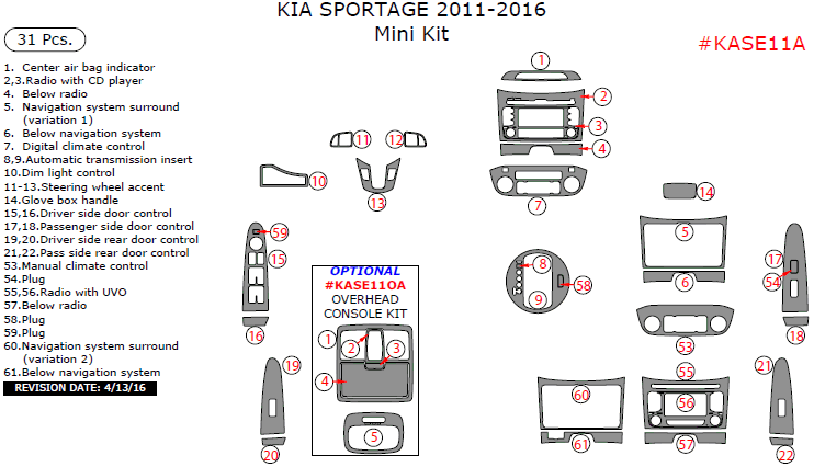 Kia Sportage 2011, 2012, 2013, 2014, 2015, 2016, Mini Interior Kit, 31 Pcs. dash trim kits options