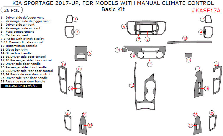 Kia Sportage 2017-2018, For Models With Manual Climate Control, Basic Interior Kit, 26 Pcs. dash trim kits options