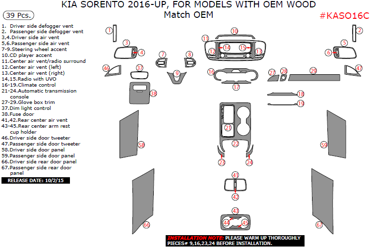 Kia Sorento 2016, 2017, 2018, Interior Dash Kit, For Model With OEM Wood, 39 Pcs., Match OEM dash trim kits options
