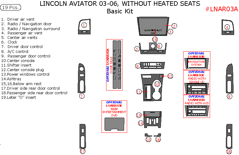 Lincoln Aviator 2003, 2004, 2005, 2006, Without Heated Seats, Basic Interior Kit, 19 Pcs., Match OEM dash trim kits options