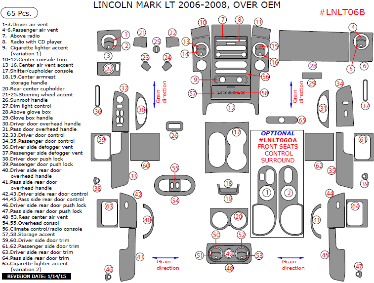 Lincoln Mark LT 2006, 2007, 2008, Over OEM Interior Kit, 65 Pcs. dash trim kits options