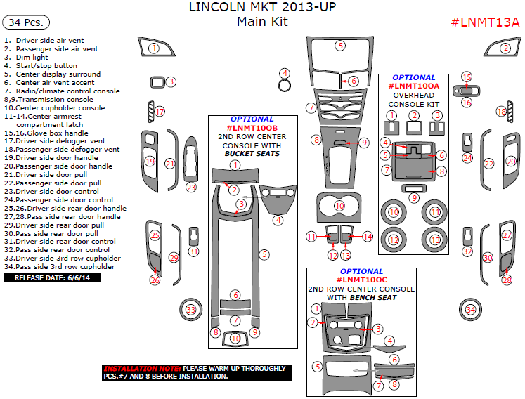 Lincoln MKT 2013, 2014, 2015, 2016, 2017, Main Interior Kit, 34 Pcs. dash trim kits options