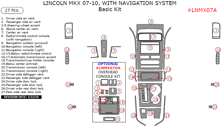 Lincoln MKX 2007, 2008, 2009, 2010, With Navigation System, Basic Interior Kit, 27 Pcs., Match OEM dash trim kits options