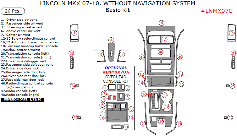 Lincoln MKX 2007, 2008, 2009, 2010, Without Navigation System, Basic Interior Kit, 26 Pcs., Match OEM dash trim kits options