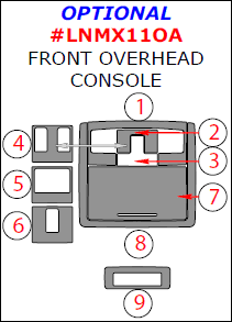 Lincoln MKX 2011, 2012, 2013, 2014, 2015, Optional Overhead Console Interior Kit, 9 Pcs. dash trim kits options