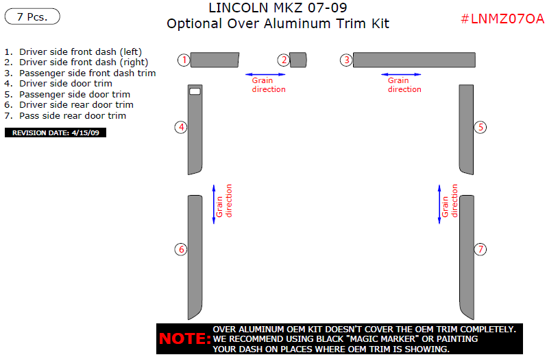 Lincoln MKZ 2007, 2008, 2009, Optional Over Aluminum Interior Trim Kit, 7 Pcs. dash trim kits options