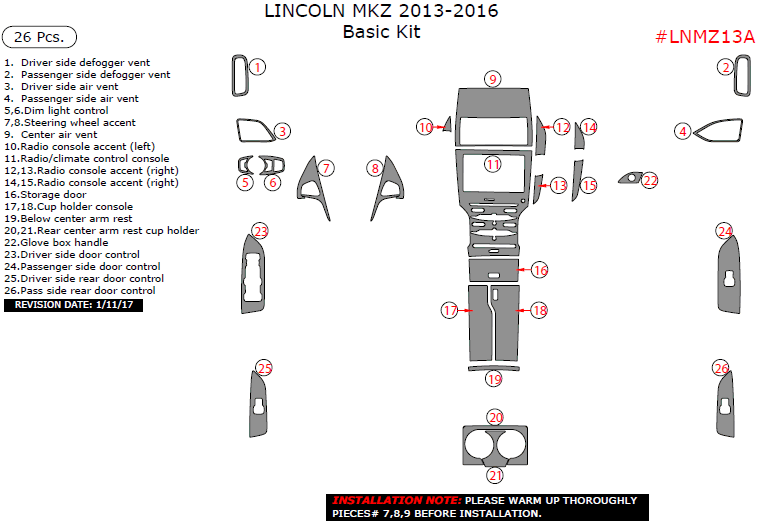Lincoln MKZ 2013, 2014, 2015, 2016, Basic Interior Kit, 26 Pcs. dash trim kits options
