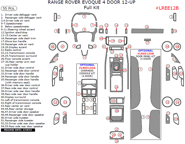 Land Rover Range Rover Evoque 2012, 2013, 2014, 2015, 2016, 2017, Full Interior Kit (4 Door), 55 Pcs. dash trim kits options