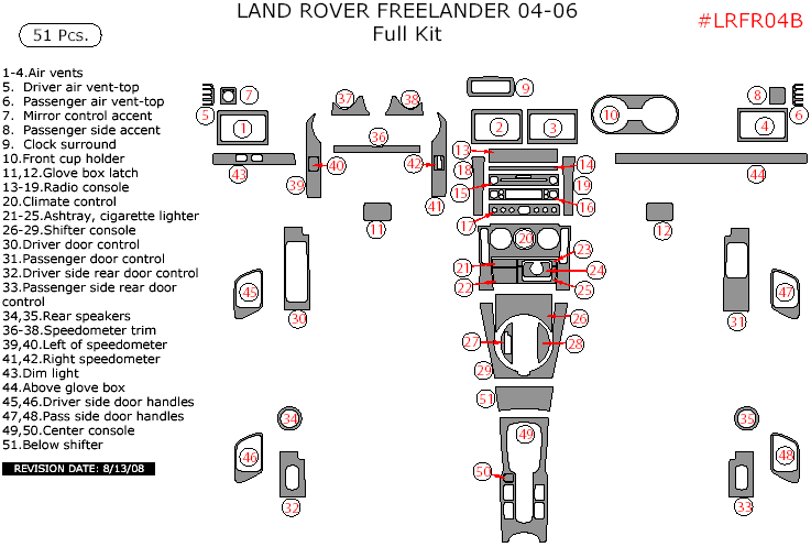 Land Rover Freelander 2004, 2005, 2006, Full Interior Kit, 51 Pcs. dash trim kits options